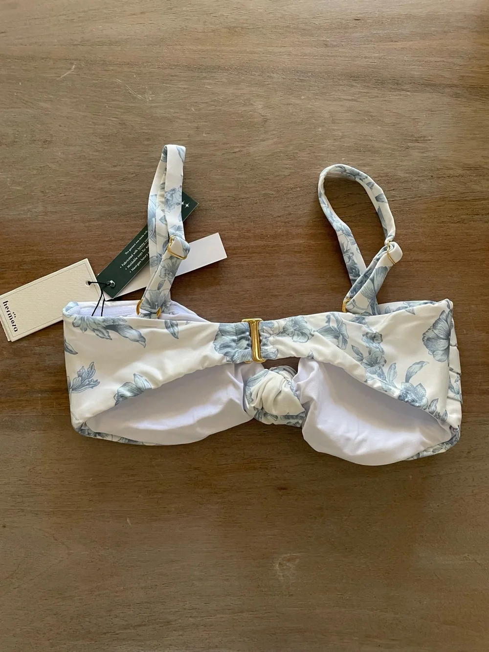 Hermoza White Bikini Top with Blue Floral Knot Front